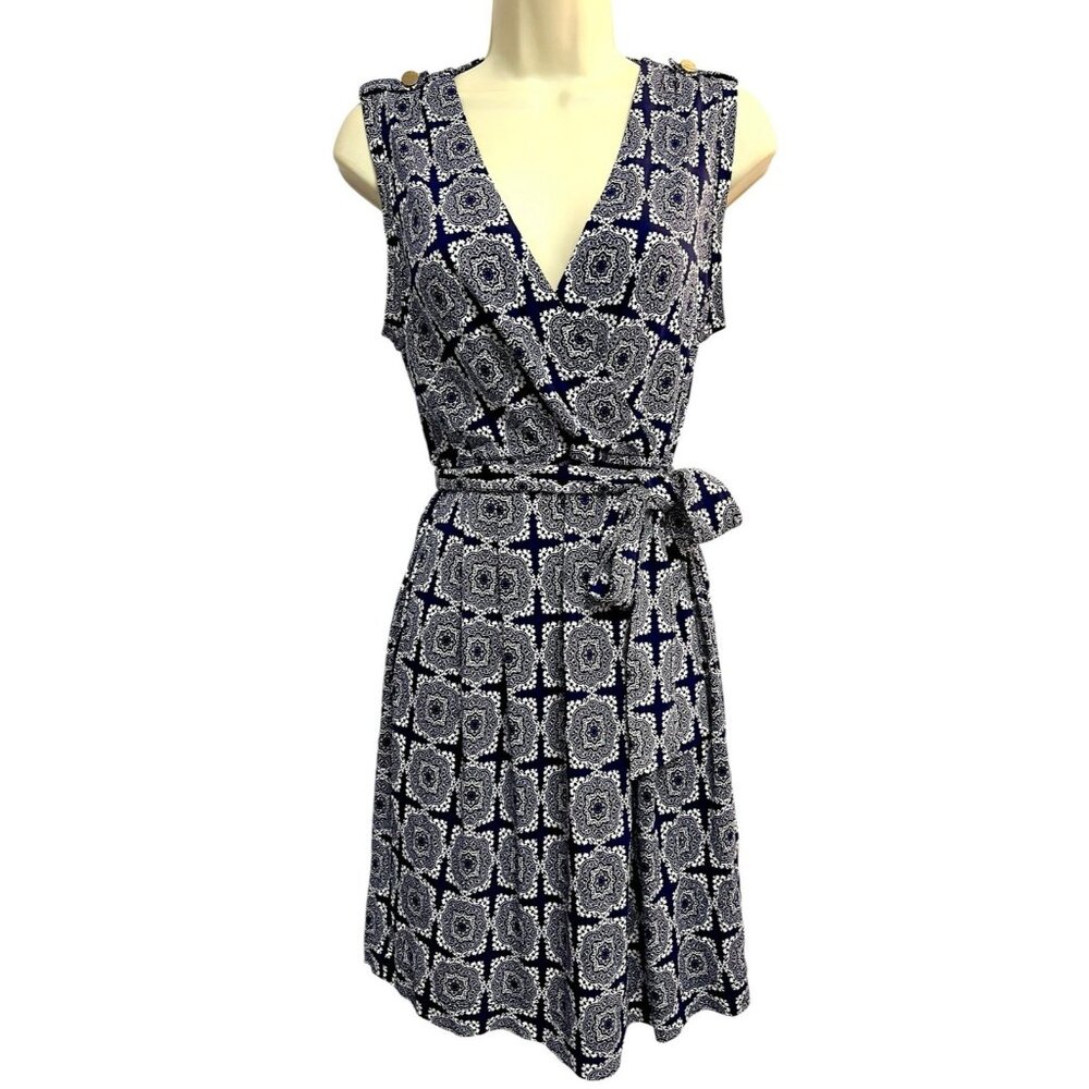 Banana Republic‎ Faux Wrap Dress Size XS Blue White Paisley Sleeveless Belted - Picture 8 of 16
